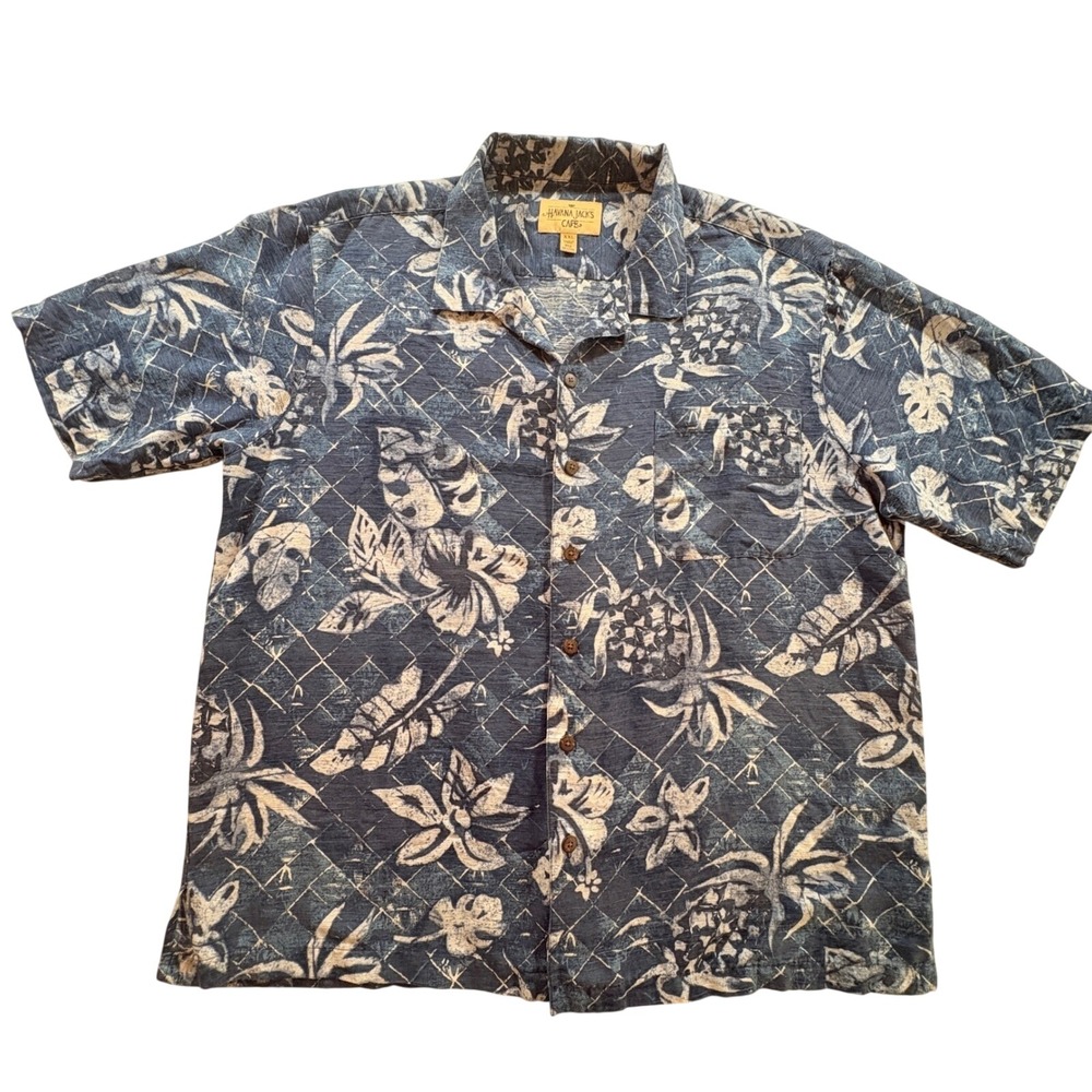 Havana Jack's Cafe Hawaiian Shirt Mens XXL Blue Silk Tropical Pineapple Camp